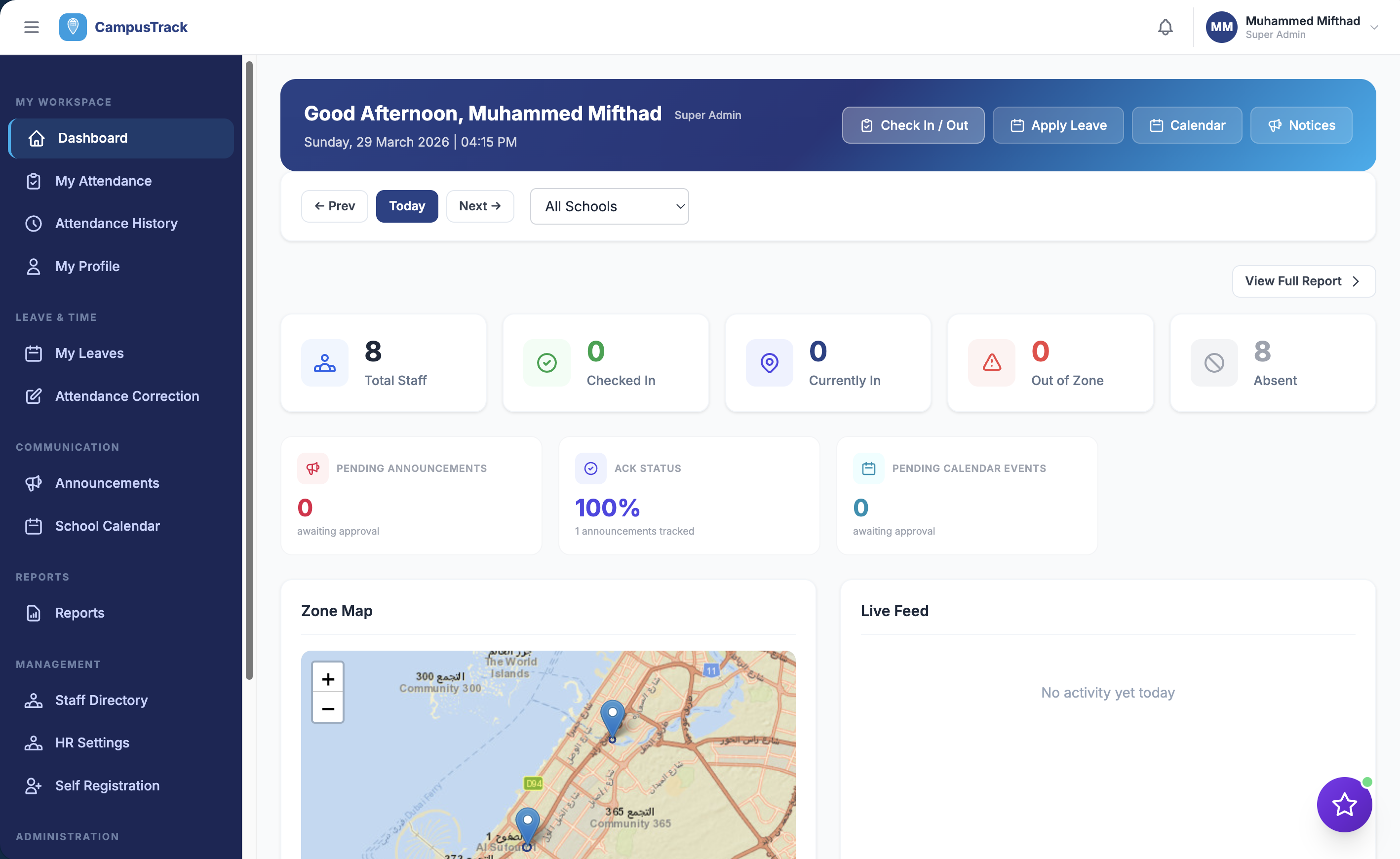CampusTrack Admin Dashboard showing staff attendance, zone map, and live feed
