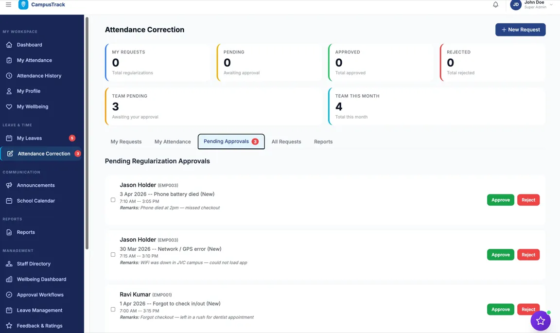 CampusTrack attendance correction approvals list ensuring accurate records for WPS payroll compliance