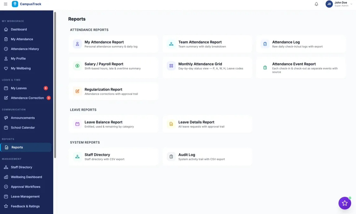 CampusTrack reports dashboard with attendance analytics for higher education institutions
