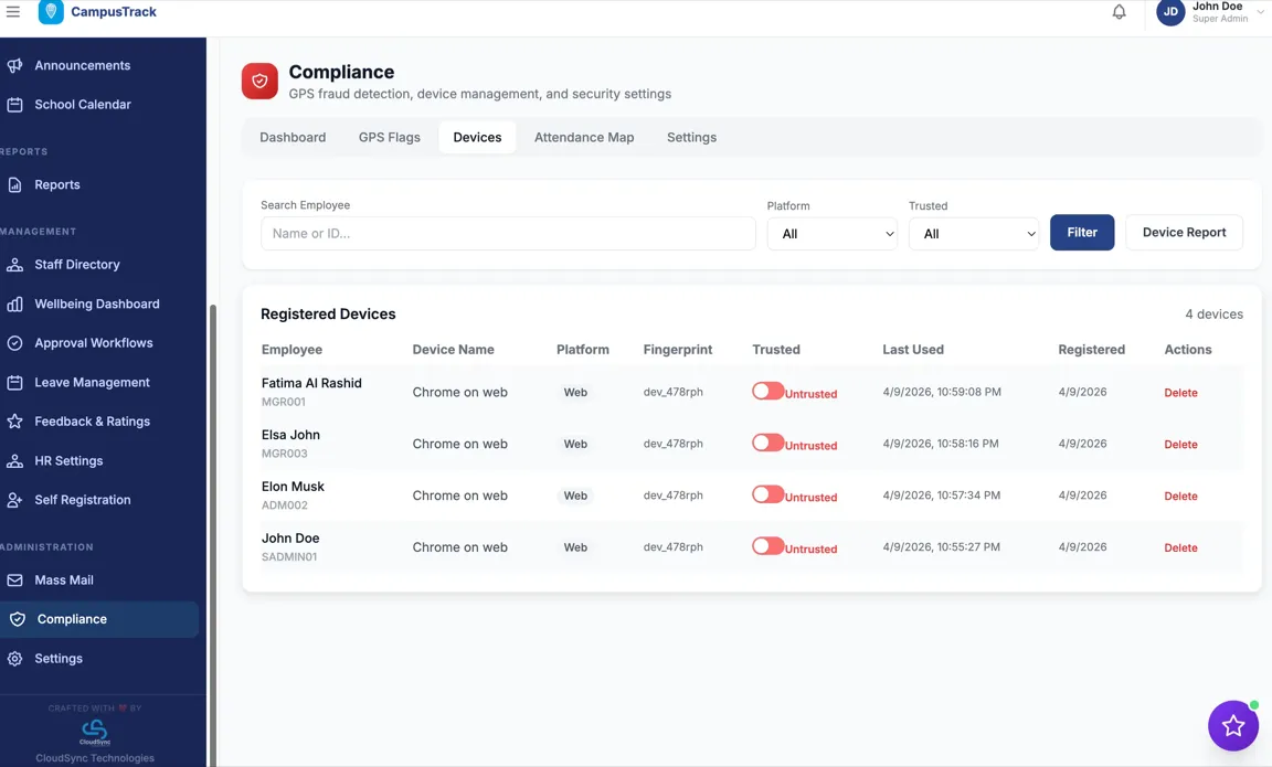 CampusTrack cloud-based compliance and device management dashboard