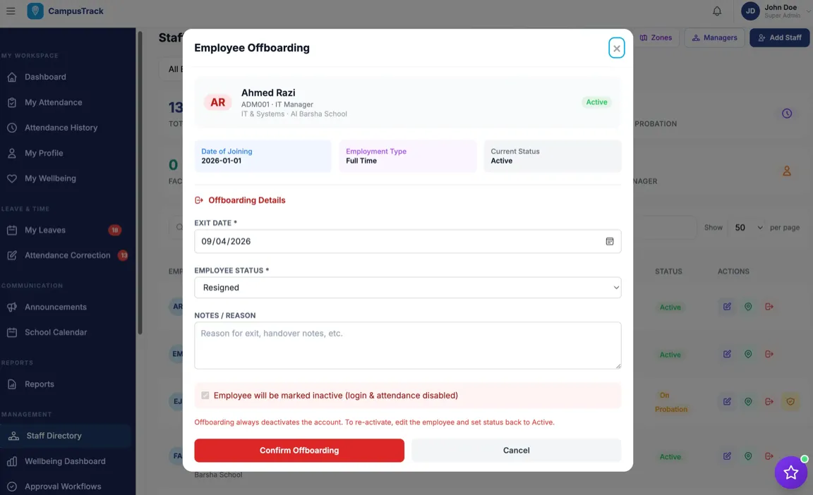 CampusTrack employee offboarding form with exit date, status change, and reason fields