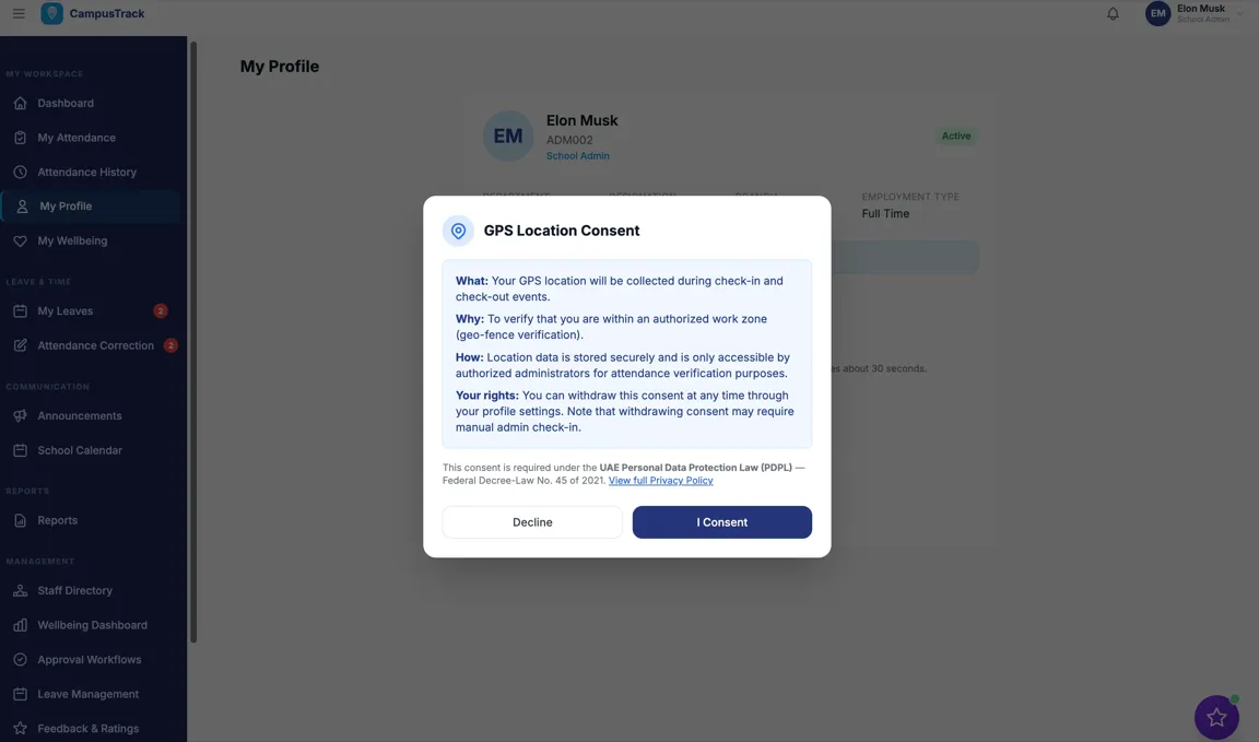 CampusTrack GPS location consent dialog for PDPL-compliant attendance tracking at security sites