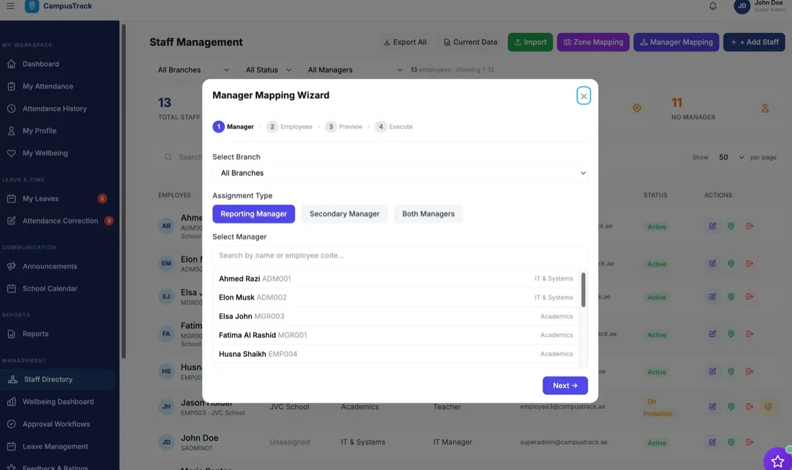 CampusTrack manager mapping wizard for multi-campus reporting hierarchy setup