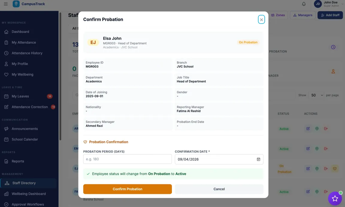 CampusTrack probation confirmation dialog showing employee status change from On Probation to Active