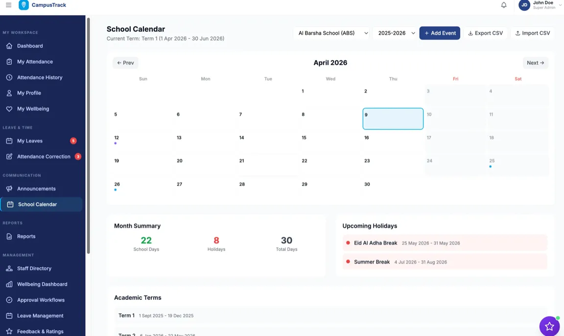 CampusTrack school calendar with holidays and academic terms for inspection readiness